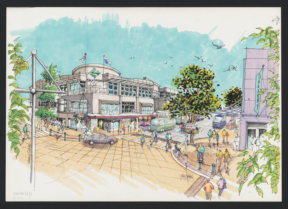 Original artwork by Jenny Coker, commissioned by SmartGrowth, of possible design for Wharf and Willow Streets. 
Ams 441/2/1