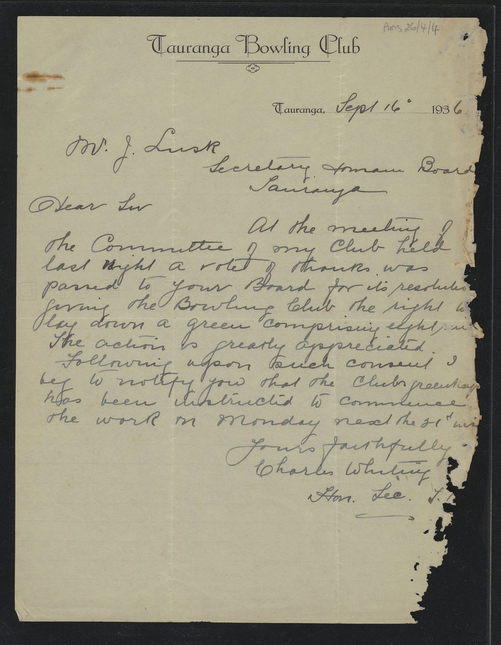 Correspondence relating to the construction of a bowling green on domain land.