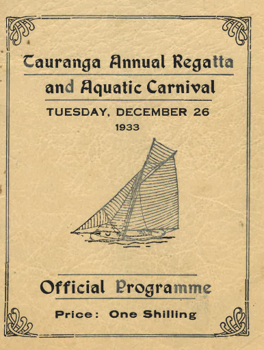 Cover of the Tauranga Annual Regatta and Aquatic Carnival Official Programme, 26 December 1933. Cream cover, with a black line sketch of a boat on the water.