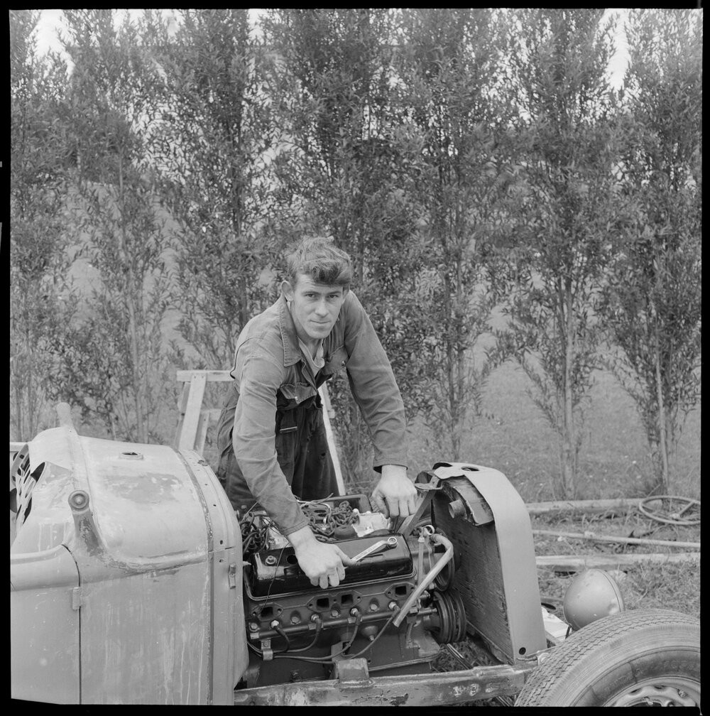 Keith Ellett working on his hotrod. Photo gca-14794