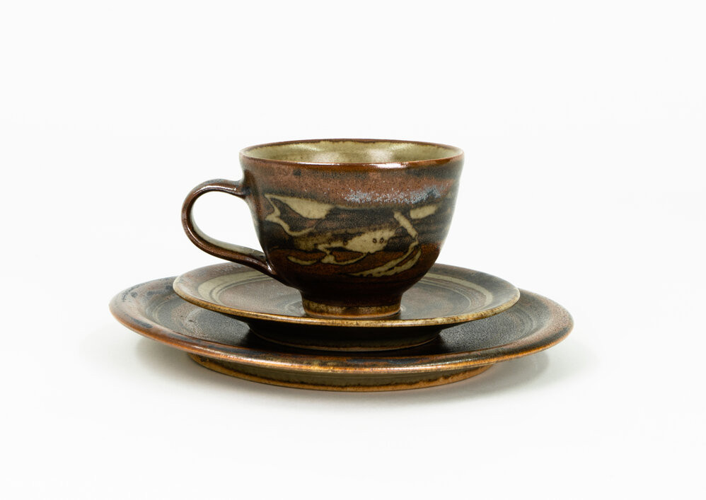 Ams 341/2 Crewenna Pottery cup, saucer and side plate set