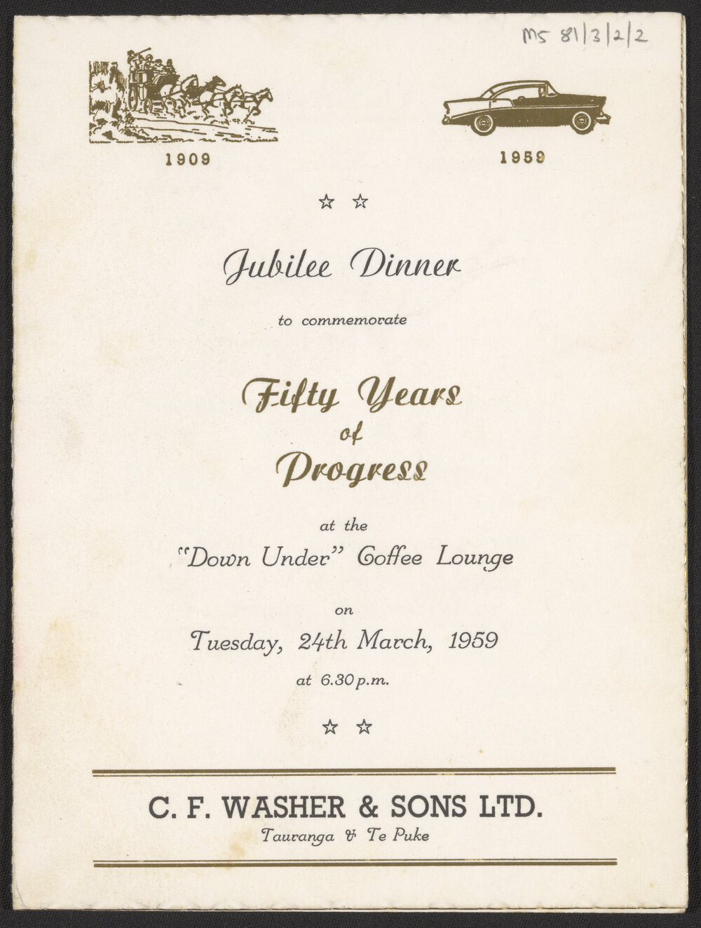 Cover of Ms 81/3/2/2 - Programme for C. F. Washer & Sons Jubilee Dinner, 1959