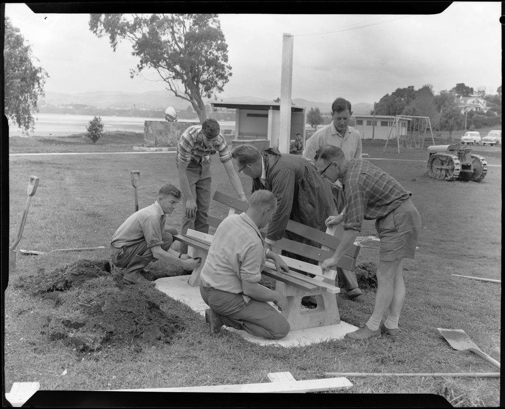 Jaycees cementing seats (1963). Tauranga City Libraries Photo gcb-994